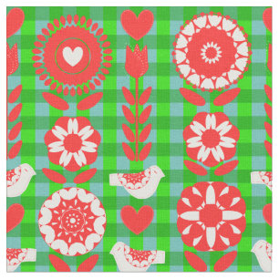 Birds Folk Art Pretty Floral Pattern Fabric