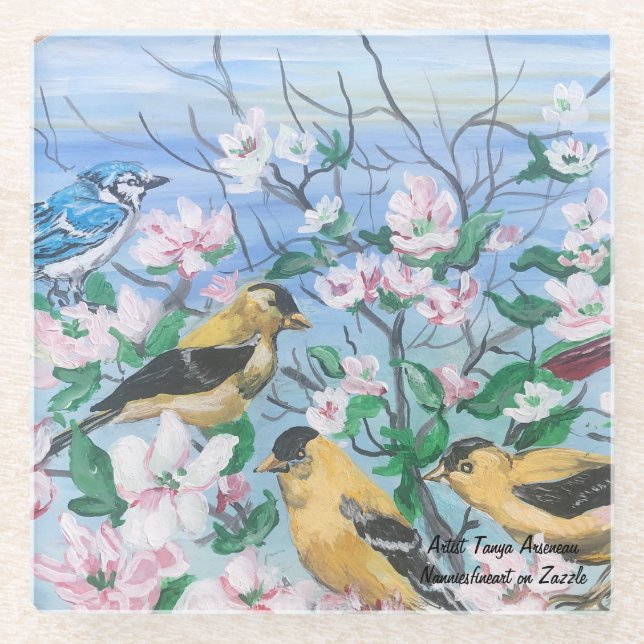 Birds Glass Coaster Original Acrylic Art (Front)