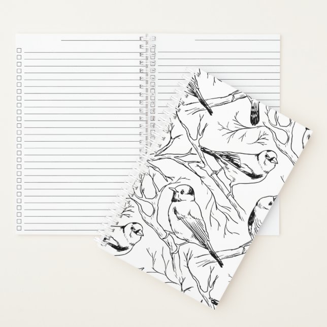 Birds hand drawn black & white pattern Modern Notebook (Inside)