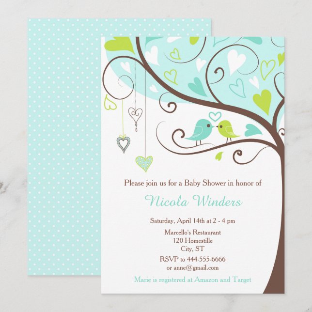 Birds Hearts Tree Blue and Green Baby Shower Invitation (Front/Back)