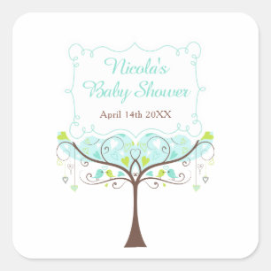 Birds Hearts Tree Blue and Green Baby Shower Square Sticker