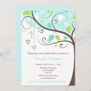 Birds Hearts Tree Blue and Green Bridal Shower Invitation