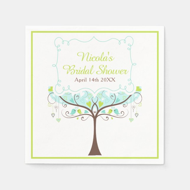 Birds Hearts Tree Blue and Green Bridal Shower Napkin (Front)