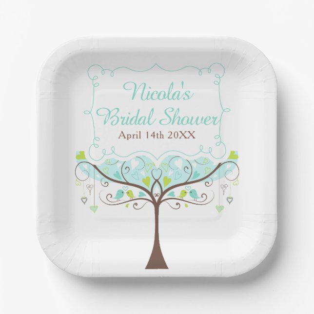 Birds Hearts Tree Blue and Green Bridal Shower Paper Plate (Front)