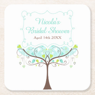 Birds Hearts Tree Blue and Green Bridal Shower Square Paper Coaster