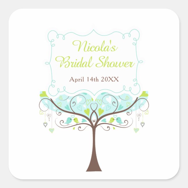 Birds Hearts Tree Blue and Green Bridal Shower Square Sticker (Front)