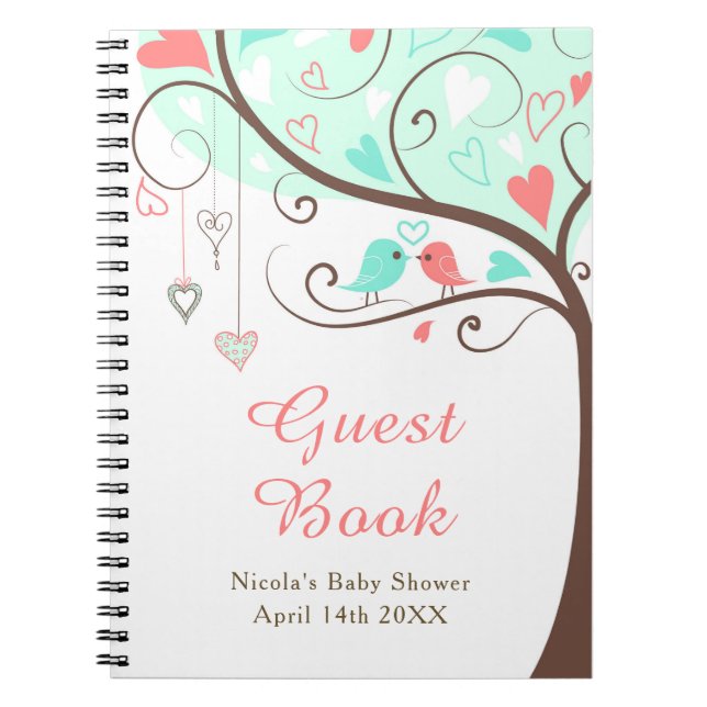 Birds Hearts Tree Mint and Coral Baby Shower Notebook (Front)