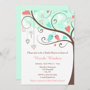 Birds Hearts Tree Mint and Coral Bridal Shower Invitation