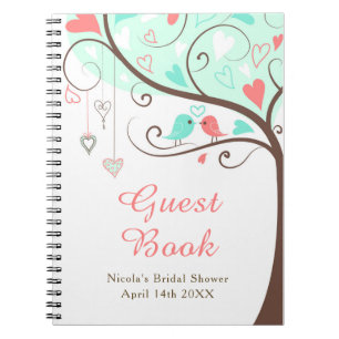 Birds Hearts Tree Mint and Coral Bridal Shower Notebook
