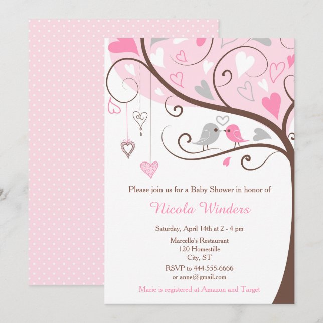 Birds Hearts Tree Pink Baby Shower Invitation (Front/Back)