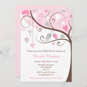 Birds Hearts Tree Pink Baby Shower Invitation