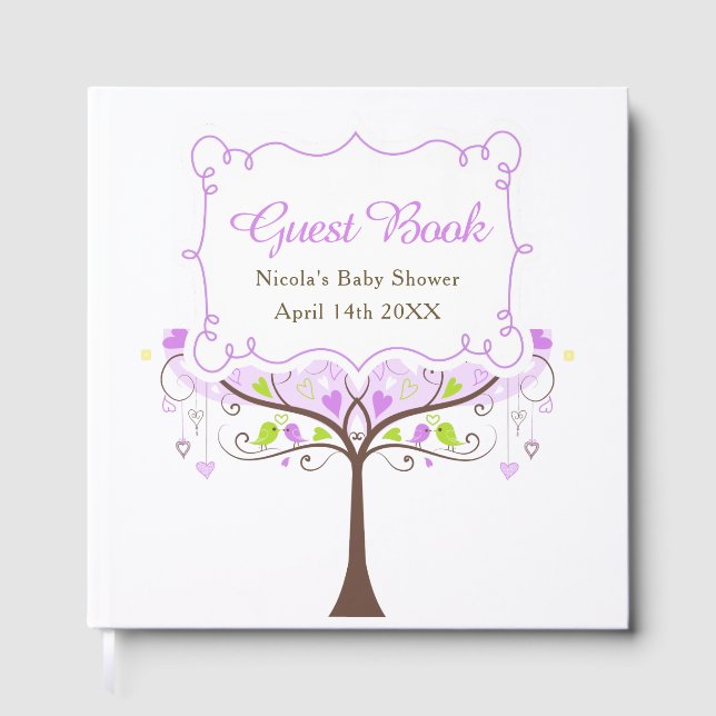 Birds Hearts Tree Purple and Green Baby Shower Guest Book (Front)