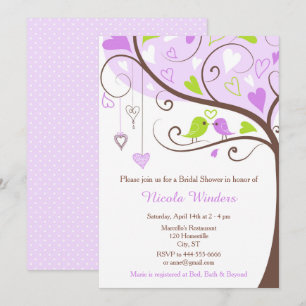 Birds Hearts Tree Purple and Green Bridal Shower Invitation