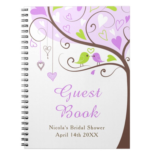 Birds Hearts Tree Purple and Green Bridal Shower Notebook (Front)