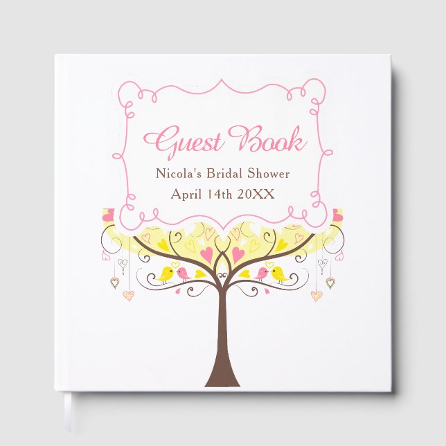 Birds Hearts Tree Yellow and Coral Bridal Shower Guest Book (Front)