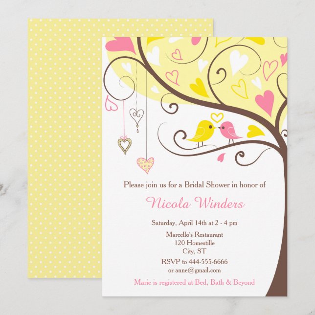Birds Hearts Tree Yellow and Coral Bridal Shower Invitation (Front/Back)