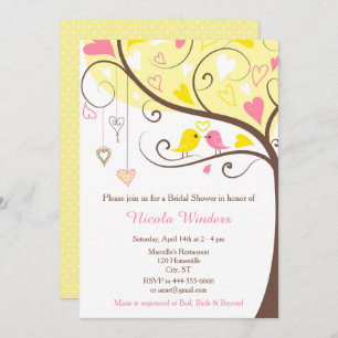 Birds Hearts Tree Yellow and Coral Bridal Shower Invitation