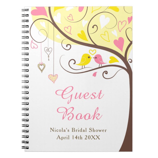 Birds Hearts Tree Yellow and Coral Bridal Shower Notebook (Front)
