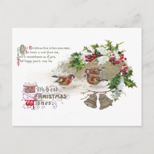 Birds, Holly and Bells Vintage Christmas Holiday Postcard