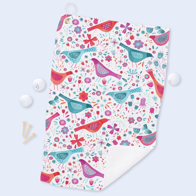 Birds in a Garden Modern Boho Watercolor Golf Towel (Birds and flowers pattern watercolor art golf towel)
