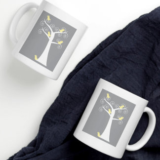 Birds in a Tree Yellow Grey Background Coffee Mug