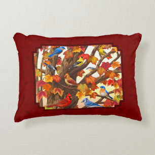 Birds in Autumn Maple Tree Red Decorative Cushion