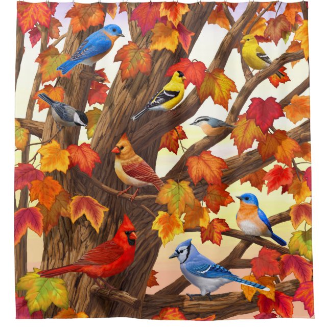 Birds in Autumn Maple Tree Shower Curtain (Front)