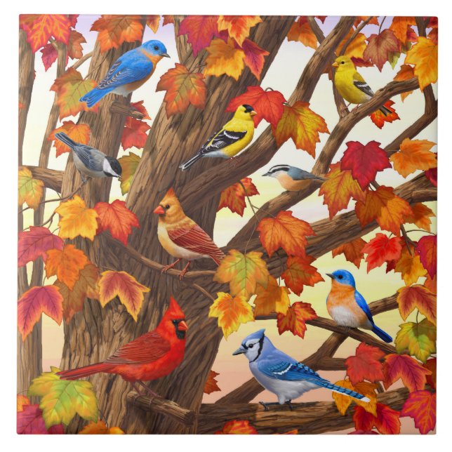 Birds in Autumn Maple Tree Tile (Front)