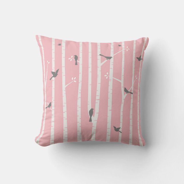 Birds in Birch Trees Grey White Pink Cushion (Front)