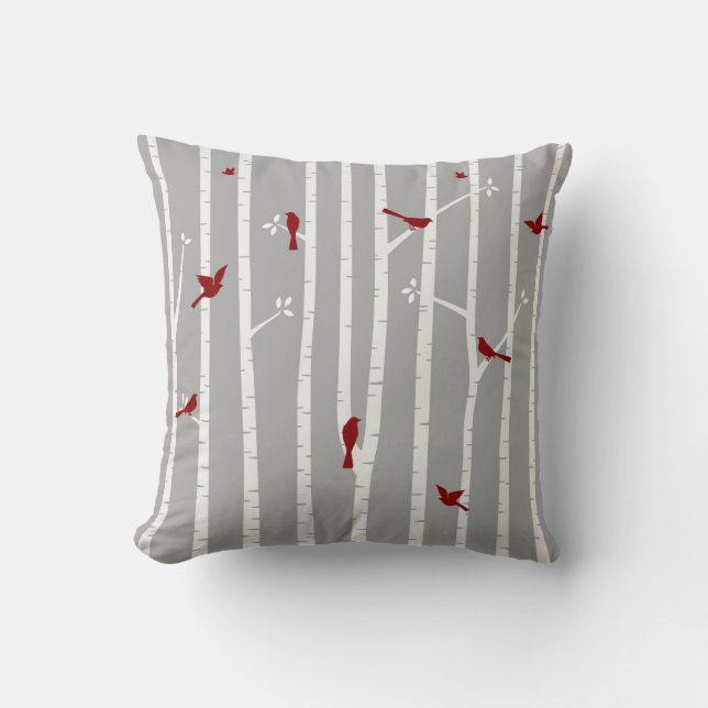 Birds in Birch Trees Red White Grey Cushion (Front)