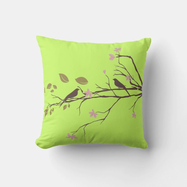 birds in cherry blossom throw pillow green (Front)