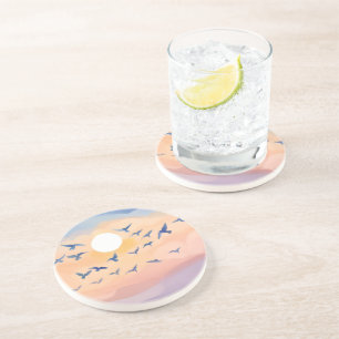 Birds in Flight Sunset Nature Watercolor Coaster