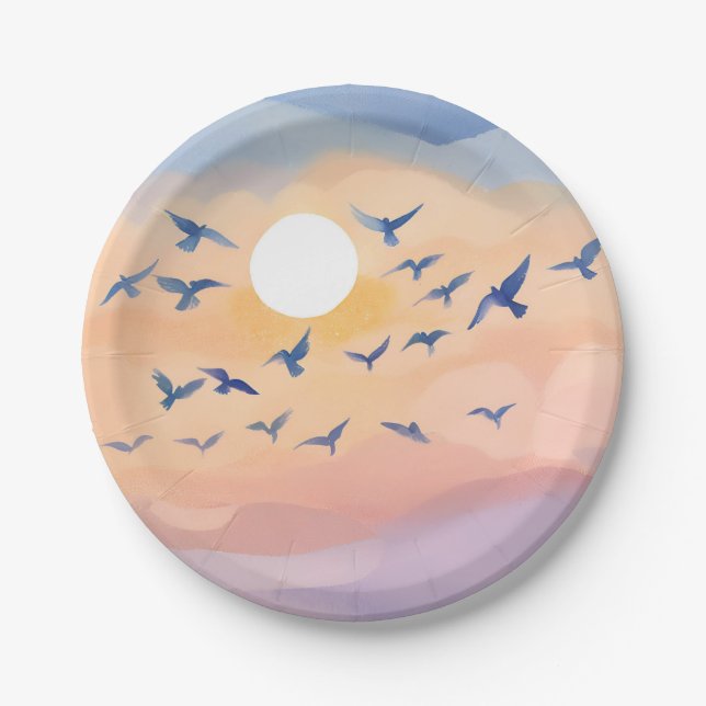 Birds in Flight | Sunset Nature Watercolor Paper Plate (Front)