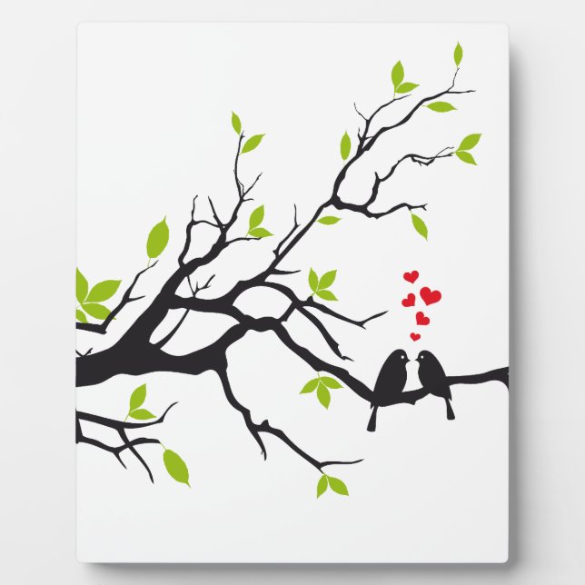 Birds in love with red hearts on spring tree plaque (Front)