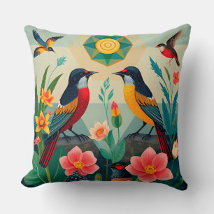 Birds in Nature Scene with Geometric Elements Cushion