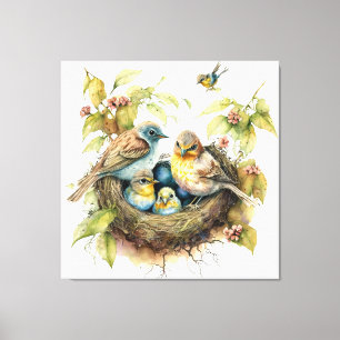 Birds in Nest Nursery Artwork - Watercolor Canvas Print