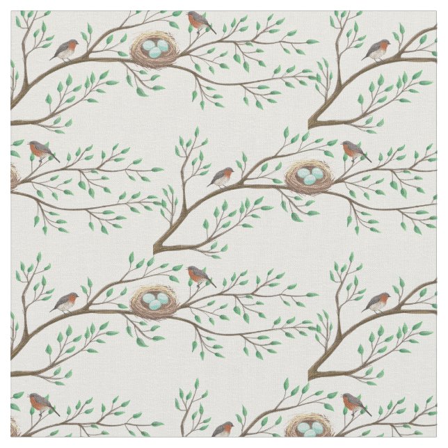 Birds in Nest Spring Woodland Cute Baby Nursery Fabric (Close Up)