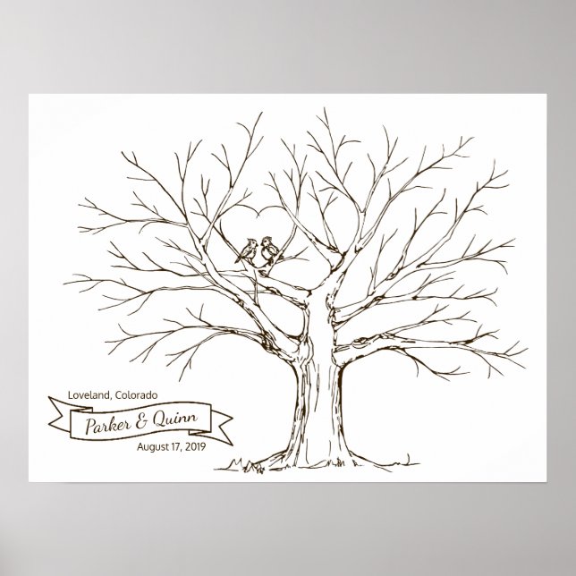 Birds in Oak Tree Heart Fingerprint Guestbook (Front)