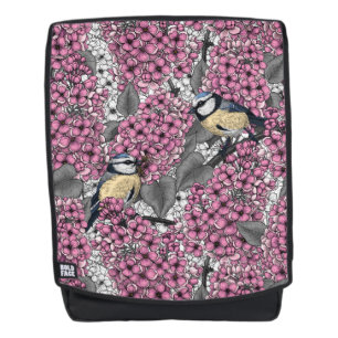 Birds in pink lilac garden backpack