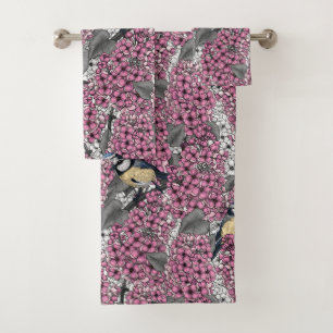 Birds in pink lilac garden bath towel set