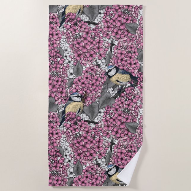 Birds in pink lilac garden beach towel (Front)