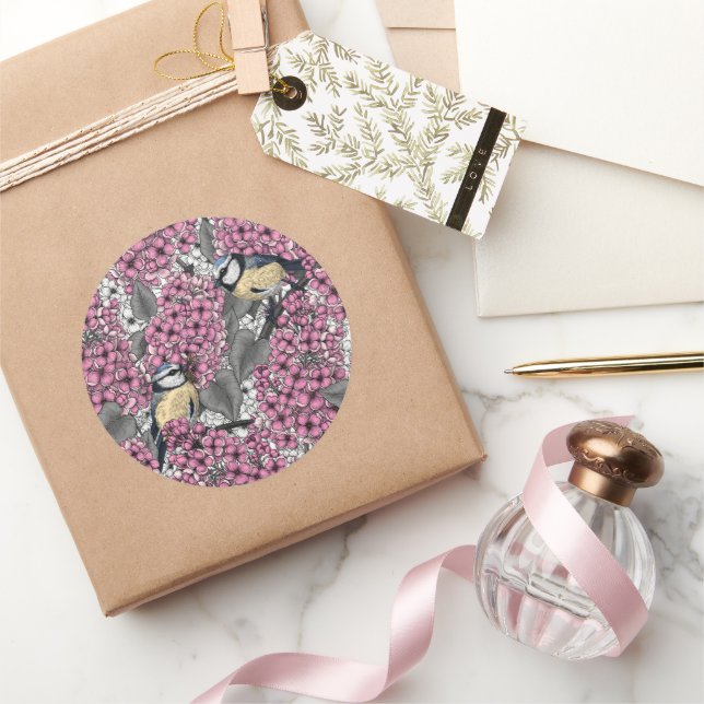 Birds in pink lilac garden classic round sticker (Gifting)