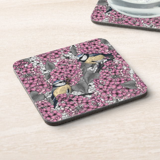 Birds in pink lilac garden coaster (Left Side)