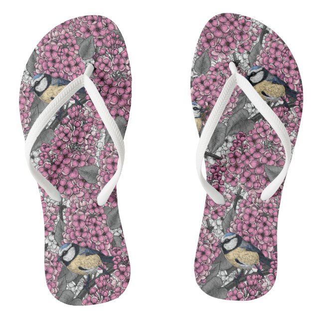 Birds in pink lilac garden flip flops (Footbed)
