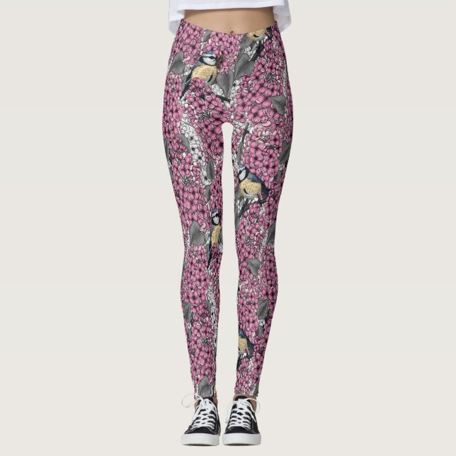 Birds in pink lilac garden leggings (Front)