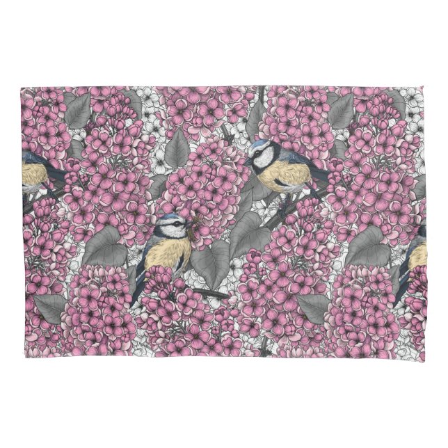 Birds in pink lilac garden pillowcase (Front)