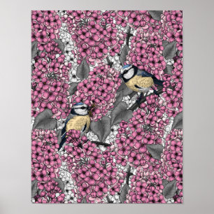 Birds in pink lilac garden poster