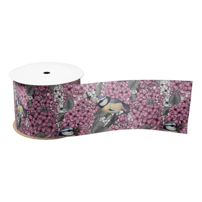 Birds in pink lilac garden satin ribbon (Spool)