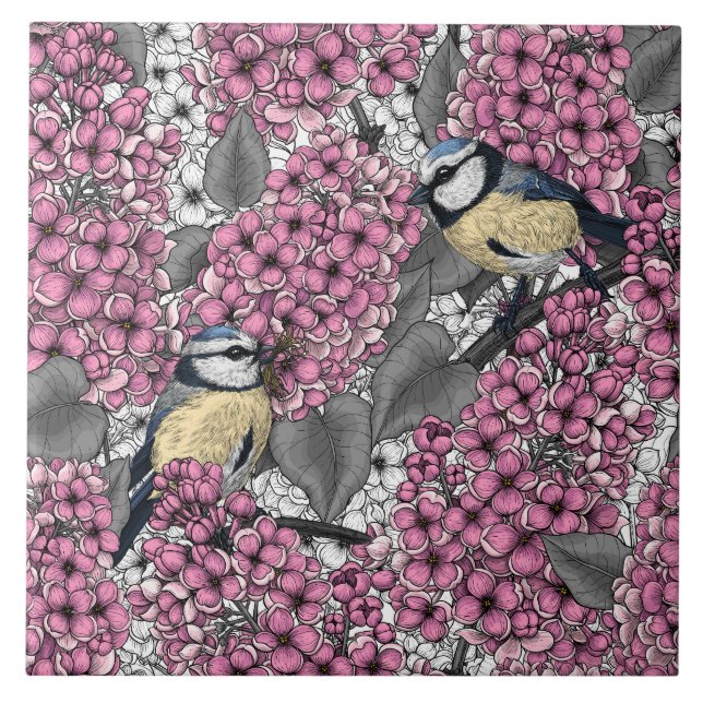 Birds in pink lilac garden tile (Front)