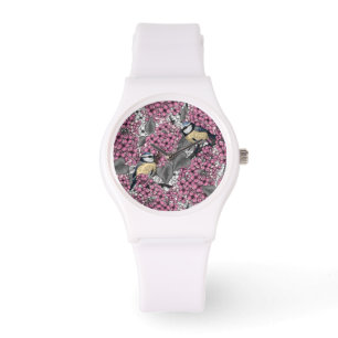 Birds in pink lilac garden watch